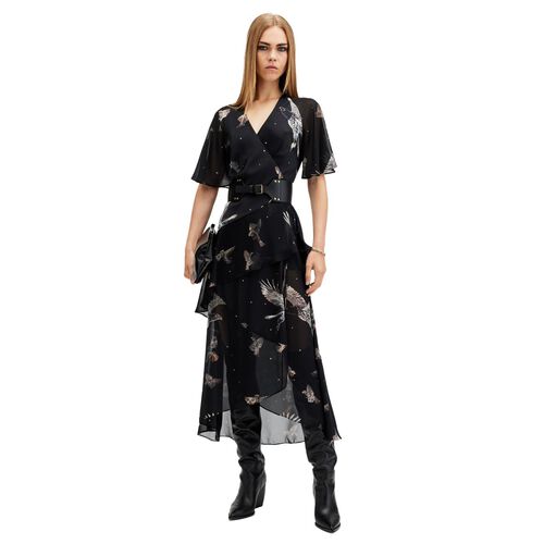 AllSaints Alana Printed Wrap Over Midi Dress